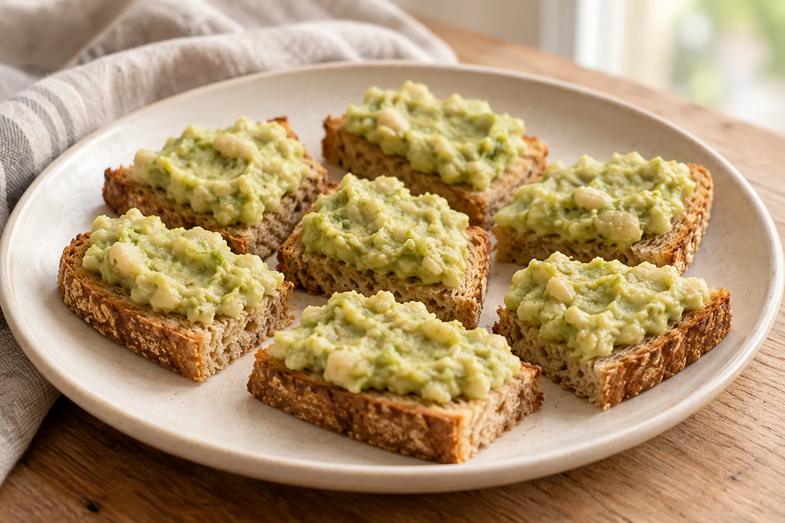 AI-generated illustration: Toast pieces with mashed avocado and white beans; not a photograph of a kitchen-tested dish
