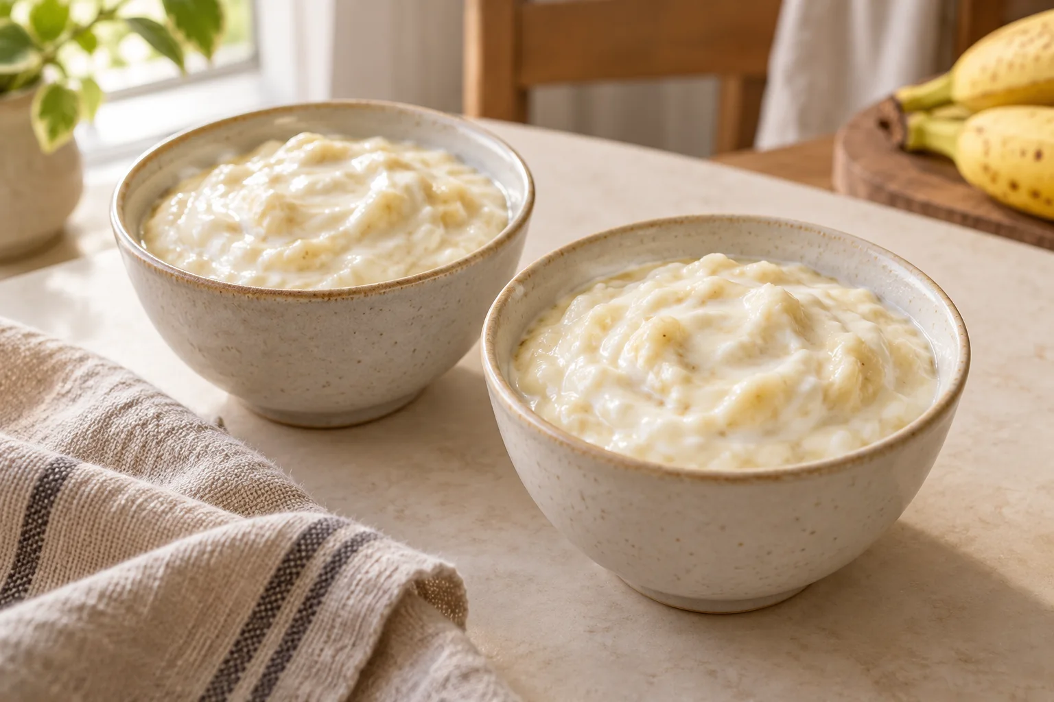 AI-generated illustration: Banana mixed with plain yogurt in ceramic cups; not a photograph of a kitchen-tested dish