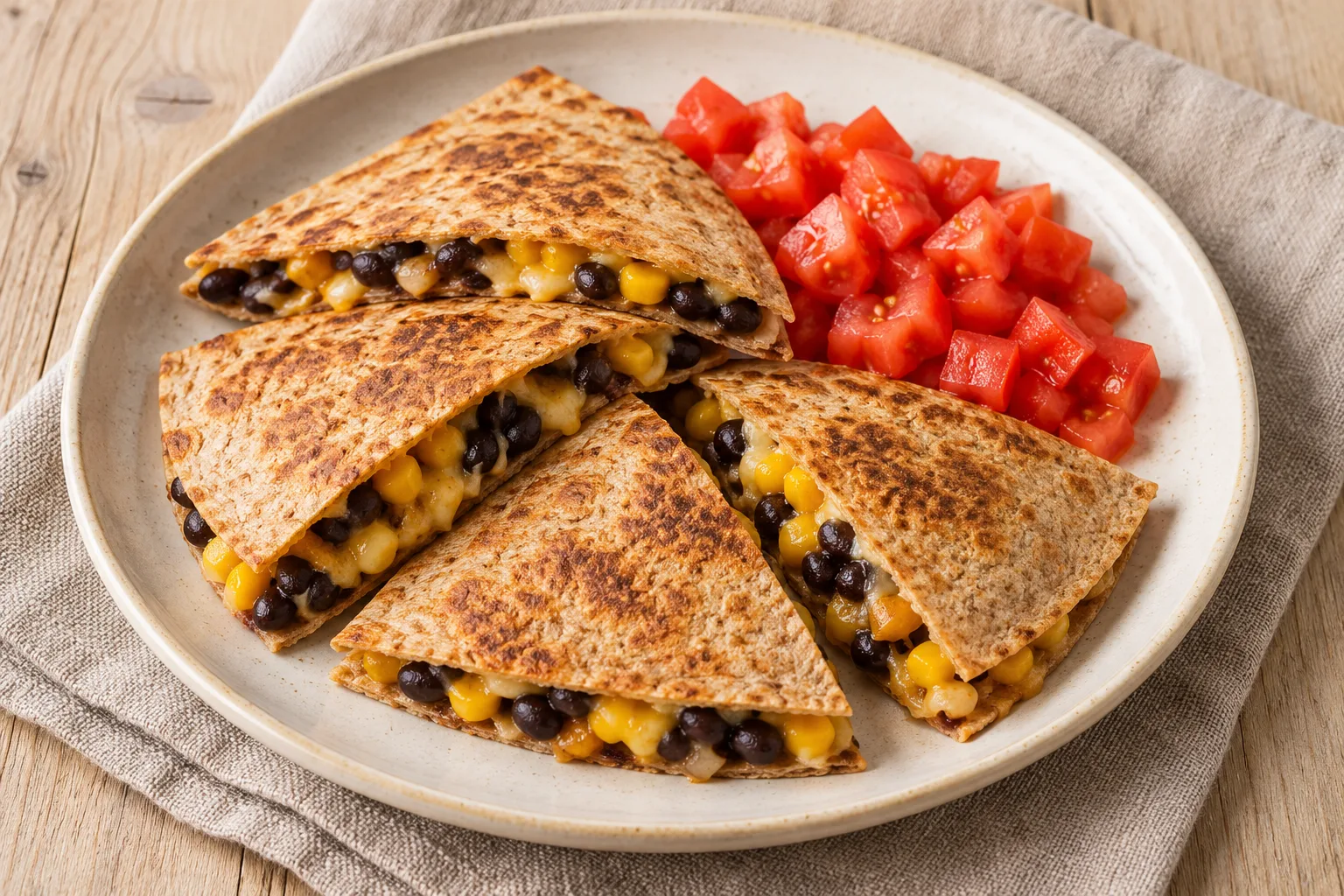 AI-generated illustration: black bean & corn quesadillas with tomatoes