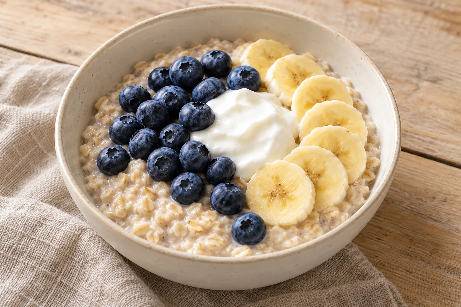 AI-generated illustration: oatmeal with yogurt, banana and blueberries