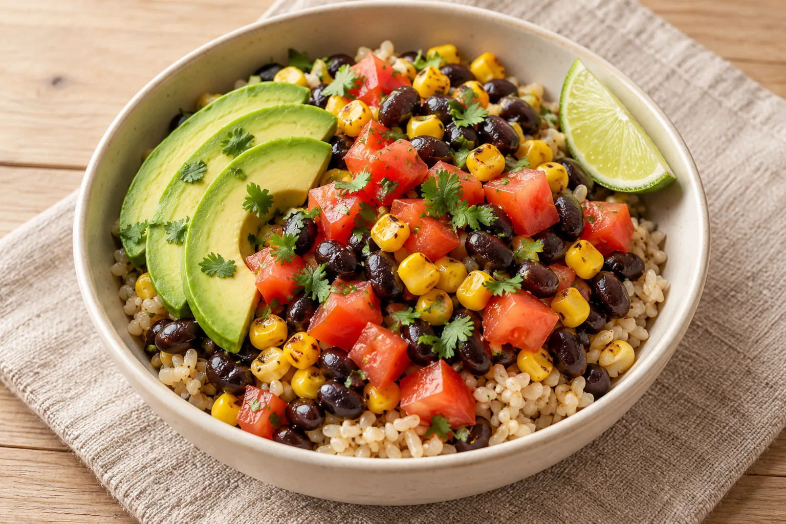 AI-generated illustration: black bean & corn family bowls