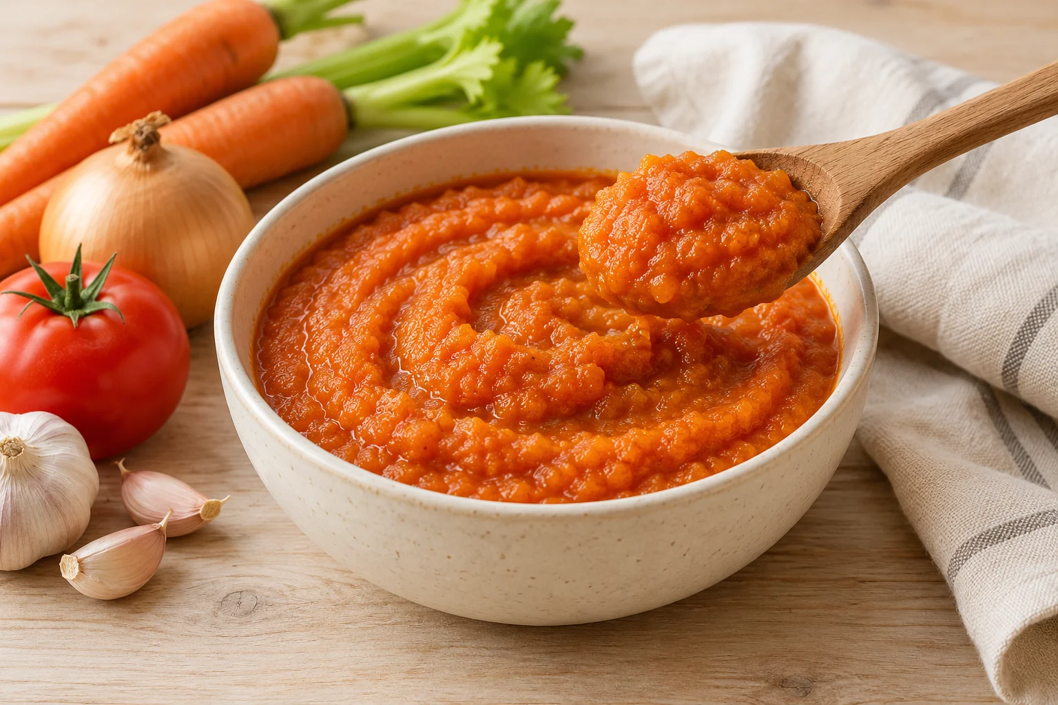 AI-generated illustration: Thick orange-red vegetable puree in a cream ceramic bowl beside whole vegetables. AI-generated illustration; not a photograph of a kitchen-tested recipe.