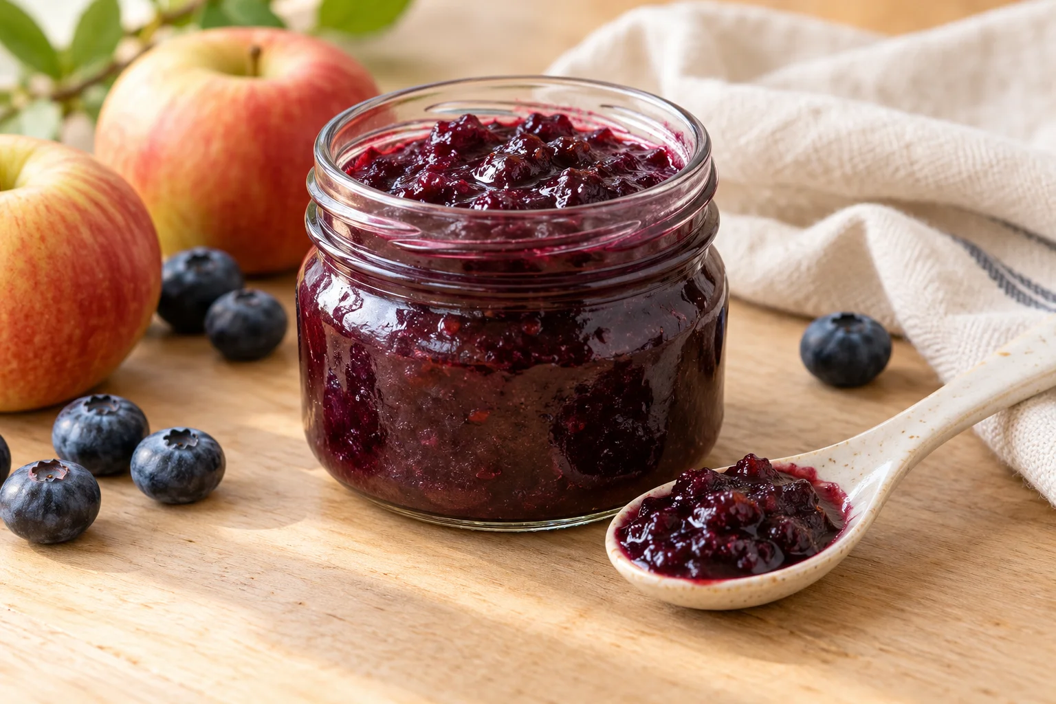 AI-generated illustration of blueberry-apple fridge spread in a small glass jar, thick and deep purple with soft fruit pieces; not a photograph of a kitchen-tested dish.