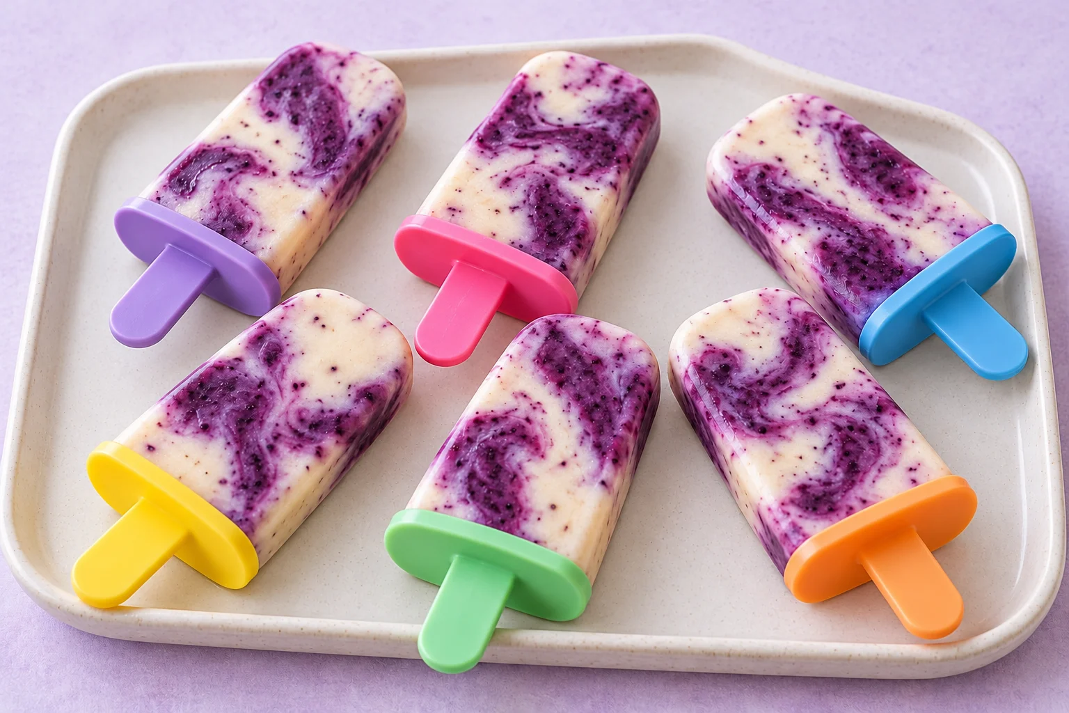 AI-generated illustration of blueberry-banana yogurt swirl pops; not a photograph of a kitchen-tested dish.