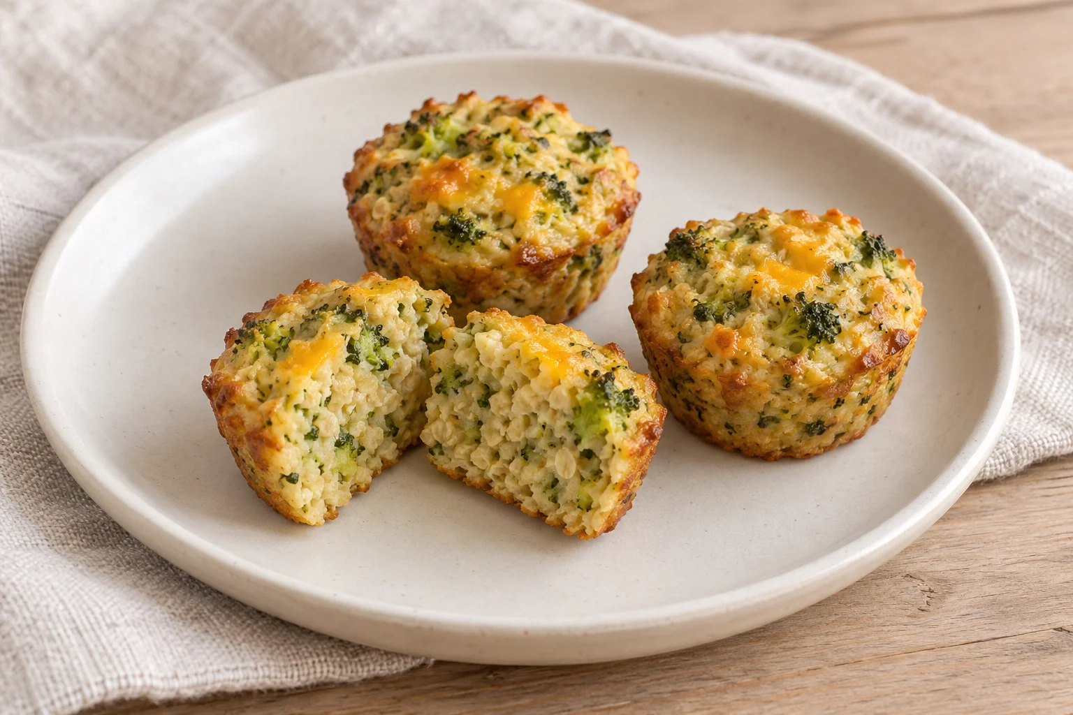 AI-generated illustration of soft broccoli-cheddar oat bites; not a photograph of a kitchen-tested dish.