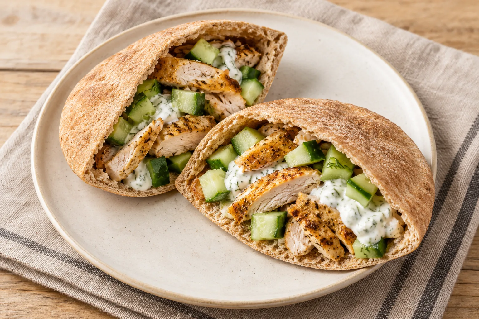 AI-generated illustration: chicken pitas with cucumber yogurt salad