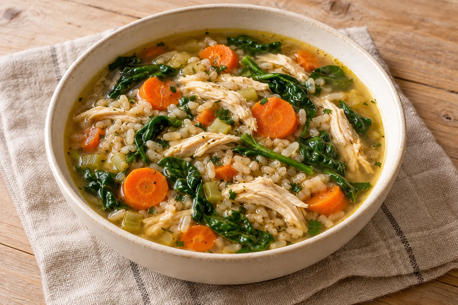 AI-generated illustration: chicken, brown rice & vegetable soup