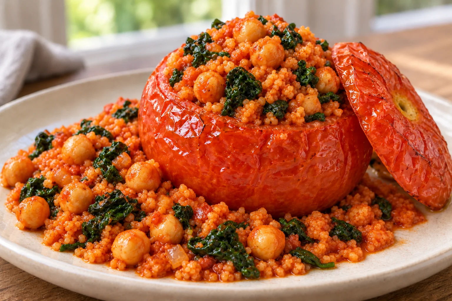 AI-generated illustration of chickpea & spinach couscous-stuffed tomatoes; not a photograph of a kitchen-tested dish.
