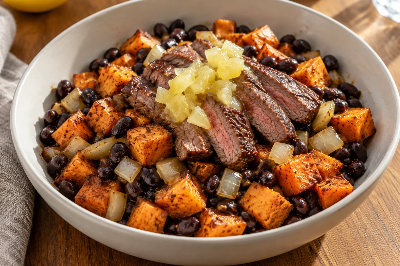 AI-generated illustration of cumin sirloin, sweet potato & black bean bowls; not a photograph of a kitchen-tested dish.