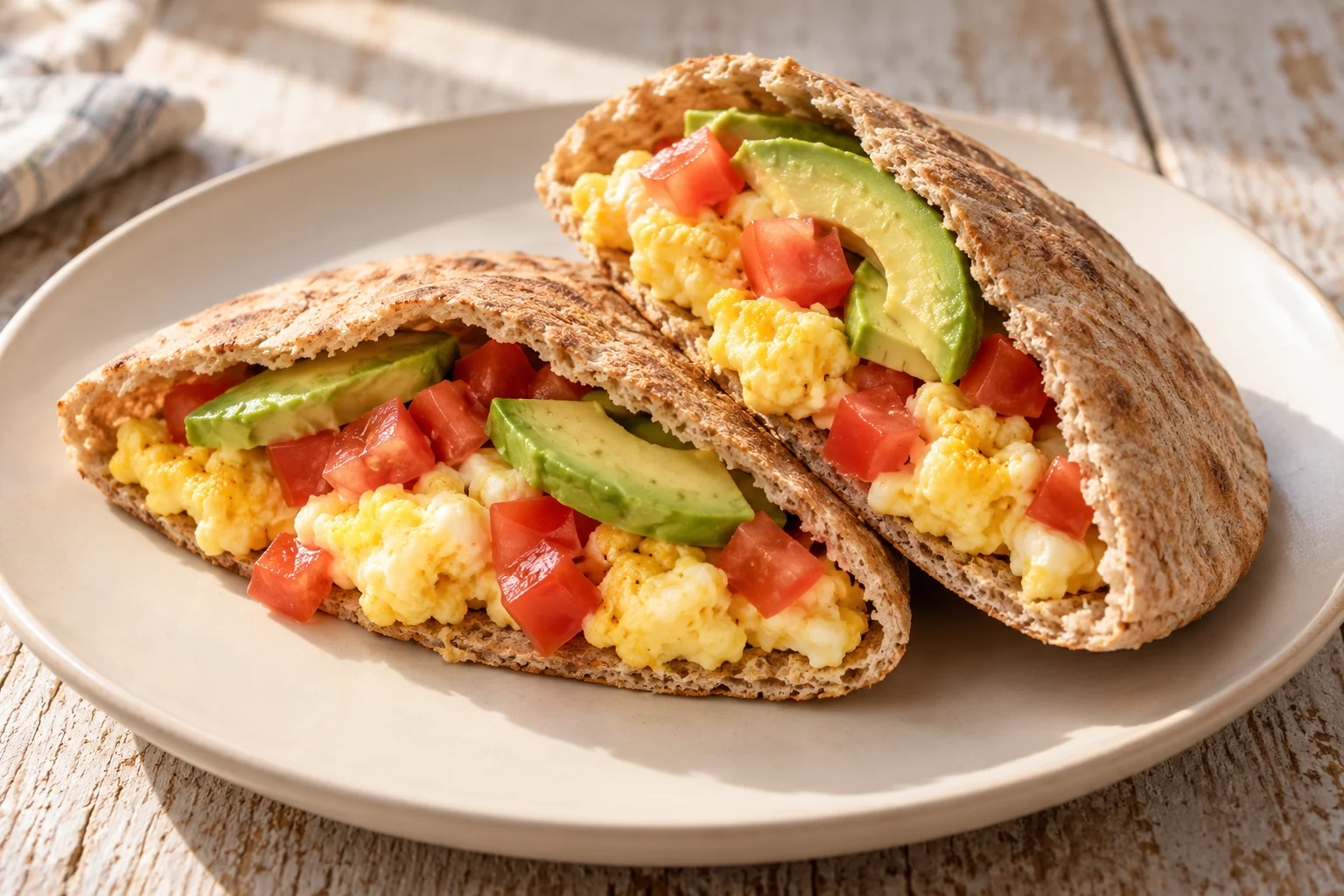AI-generated illustration of egg & avocado breakfast pita pockets; not a photograph of a kitchen-tested dish.