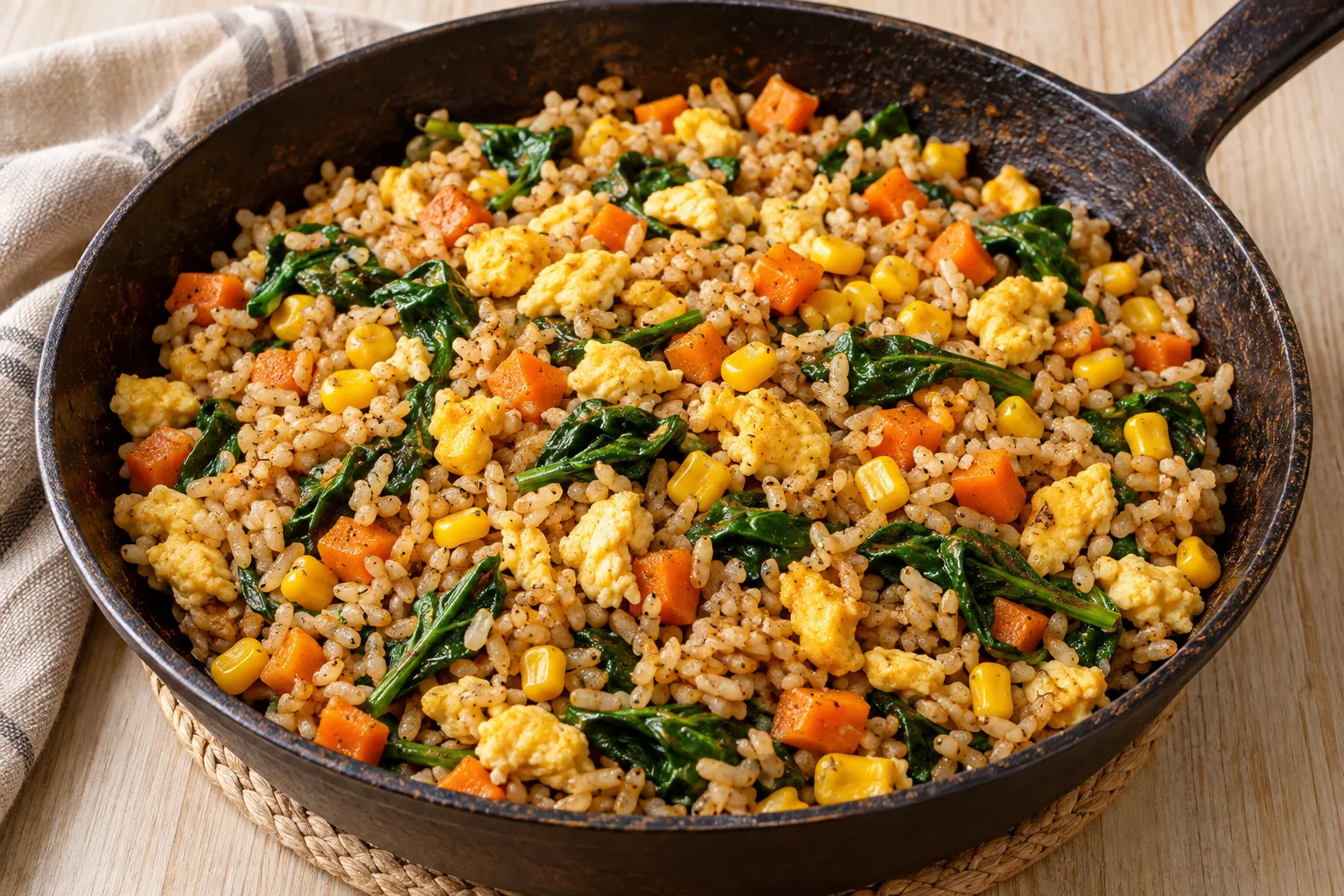 AI-generated illustration: egg & vegetable brown rice skillet