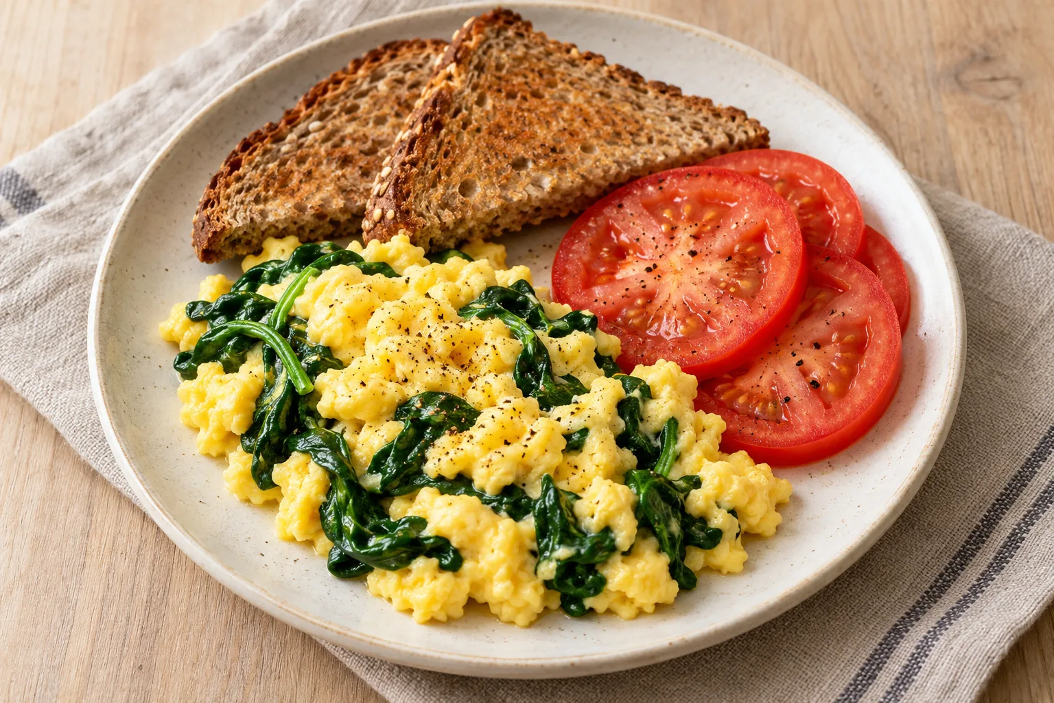 AI-generated illustration: spinach scrambled eggs, toast & tomatoes
