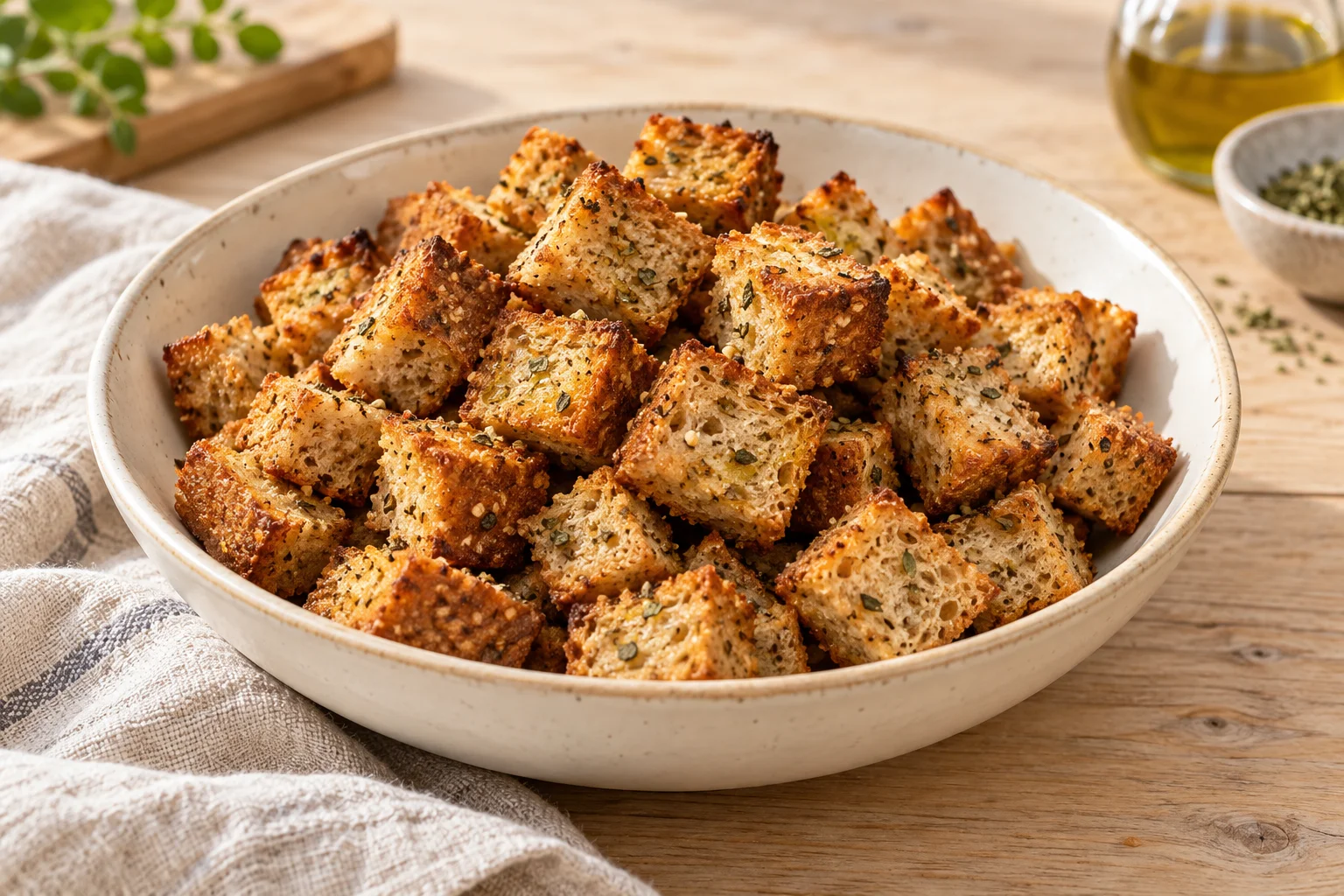 AI-generated illustration: Golden whole-wheat croutons with dried herb flecks heaped in a cream ceramic bowl. AI-generated illustration; not a photograph of a kitchen-tested recipe.