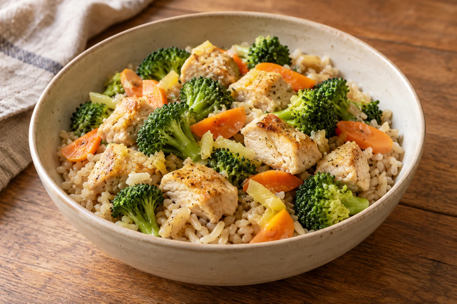 AI-generated realistic illustration of ginger chicken & broccoli rice bowls; not a photograph of a kitchen-tested dish.
