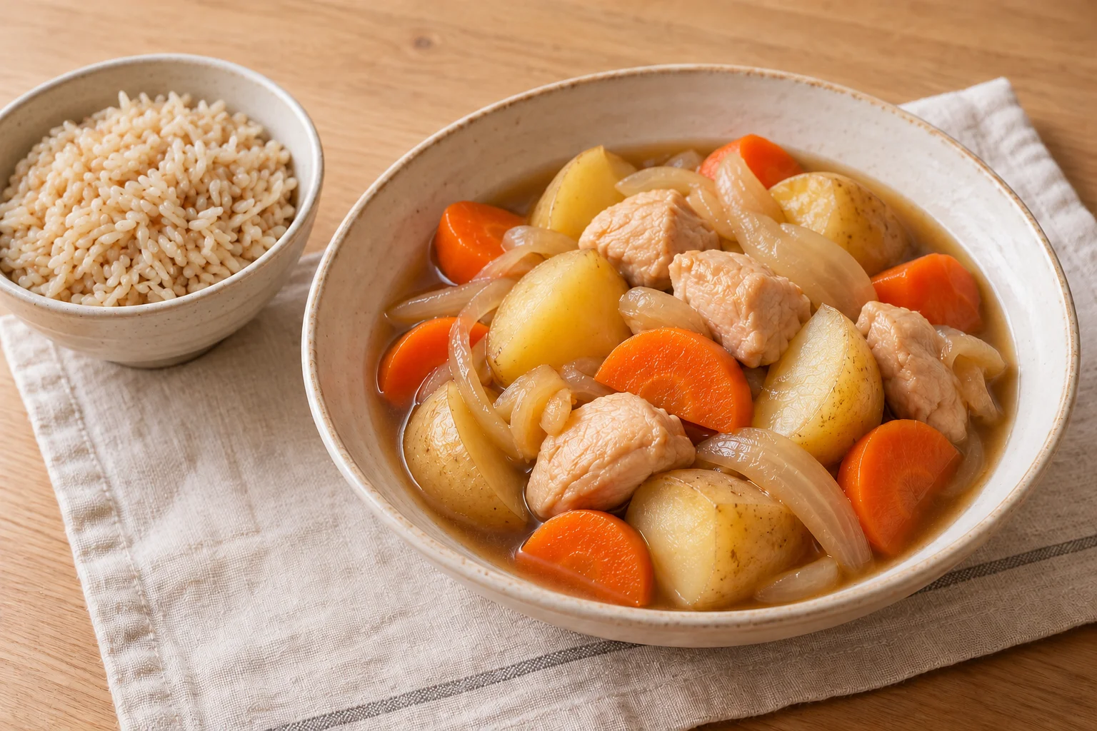 AI-generated illustration of ginger chicken & potato stew with brown rice; not a photograph of a kitchen-tested dish.