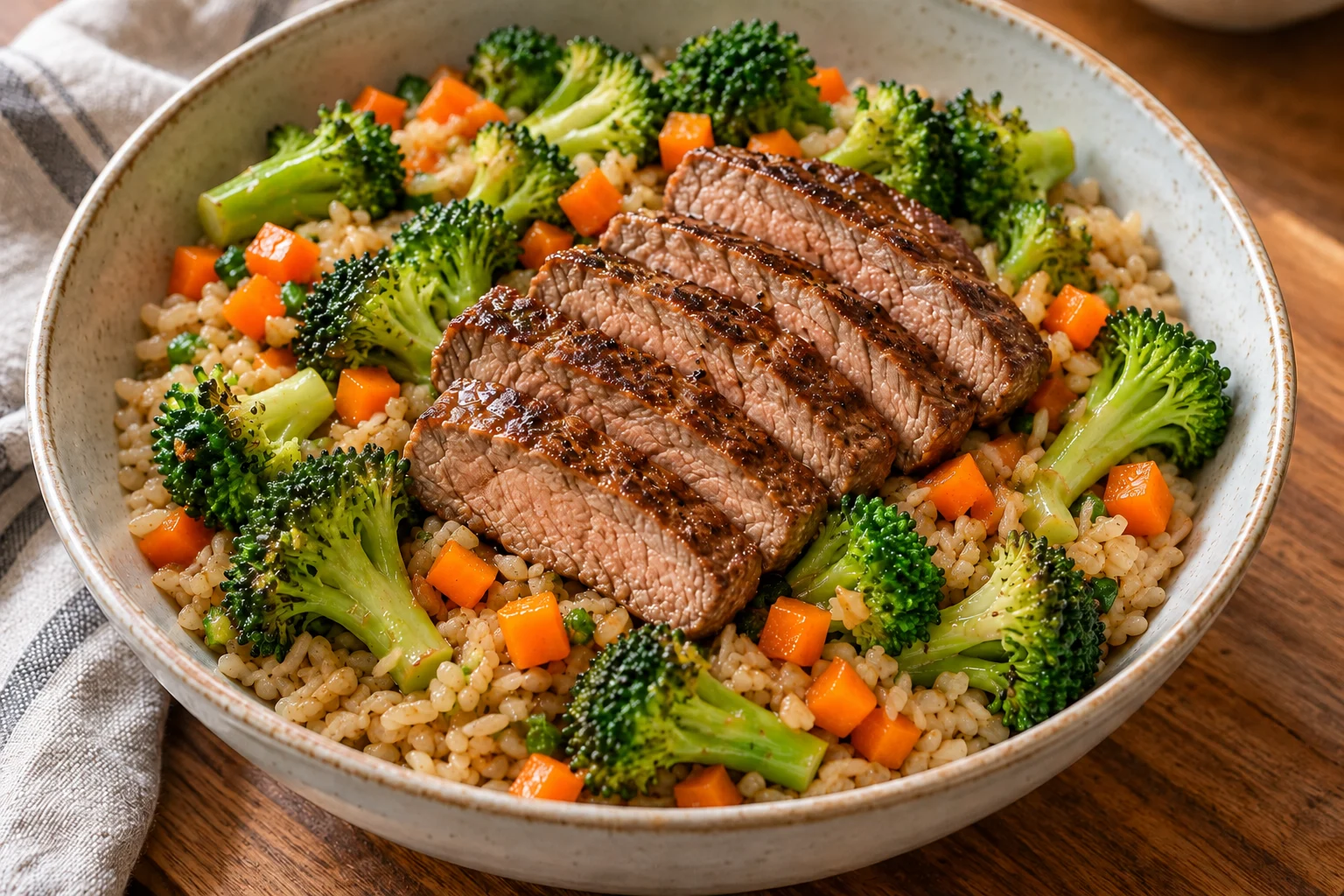 AI-generated illustration of ginger sirloin, broccoli & brown rice bowls; not a photograph of a kitchen-tested dish.