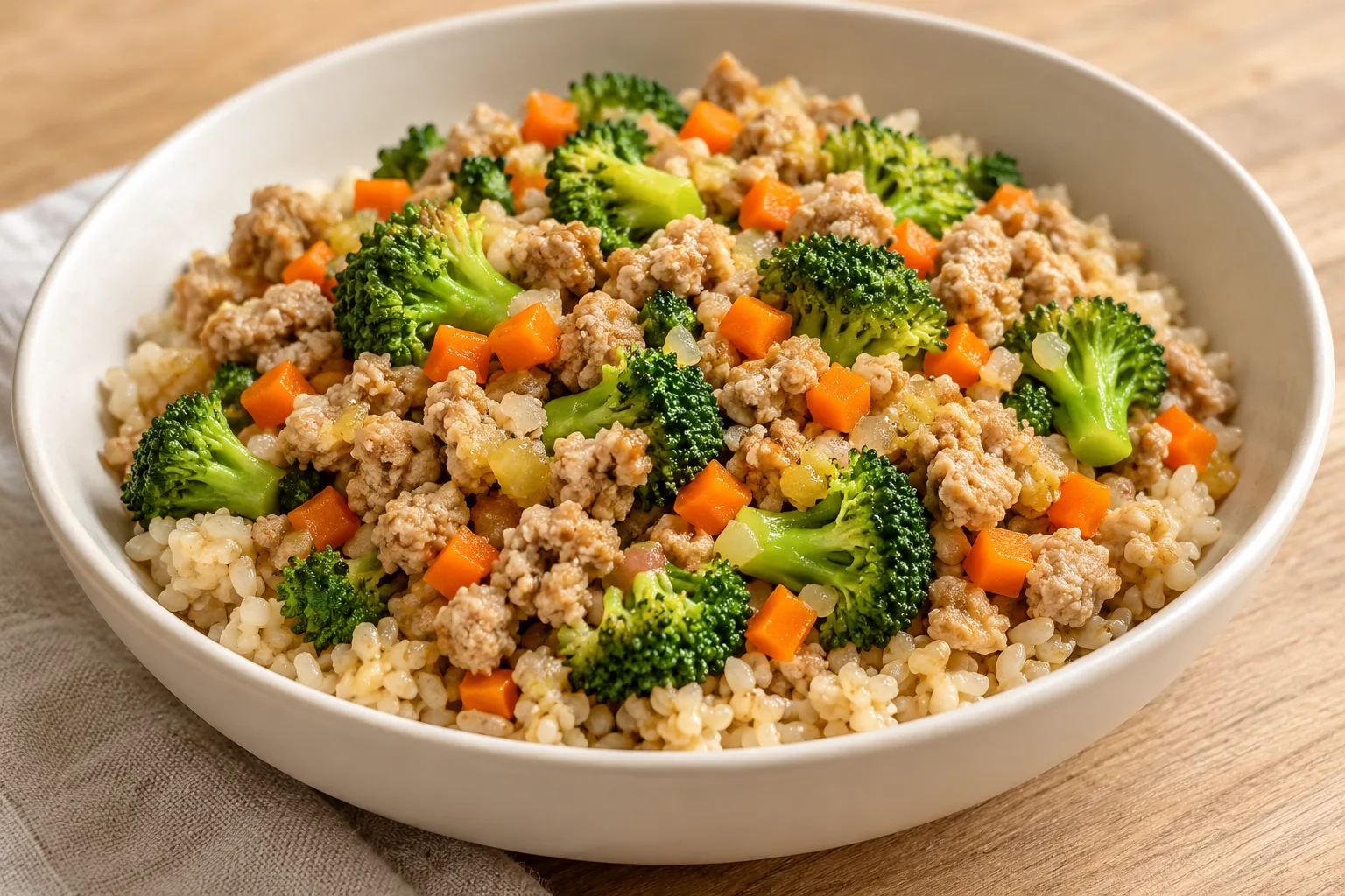 AI-generated illustration of ginger turkey & broccoli rice bowls; not a photograph of a kitchen-tested dish.
