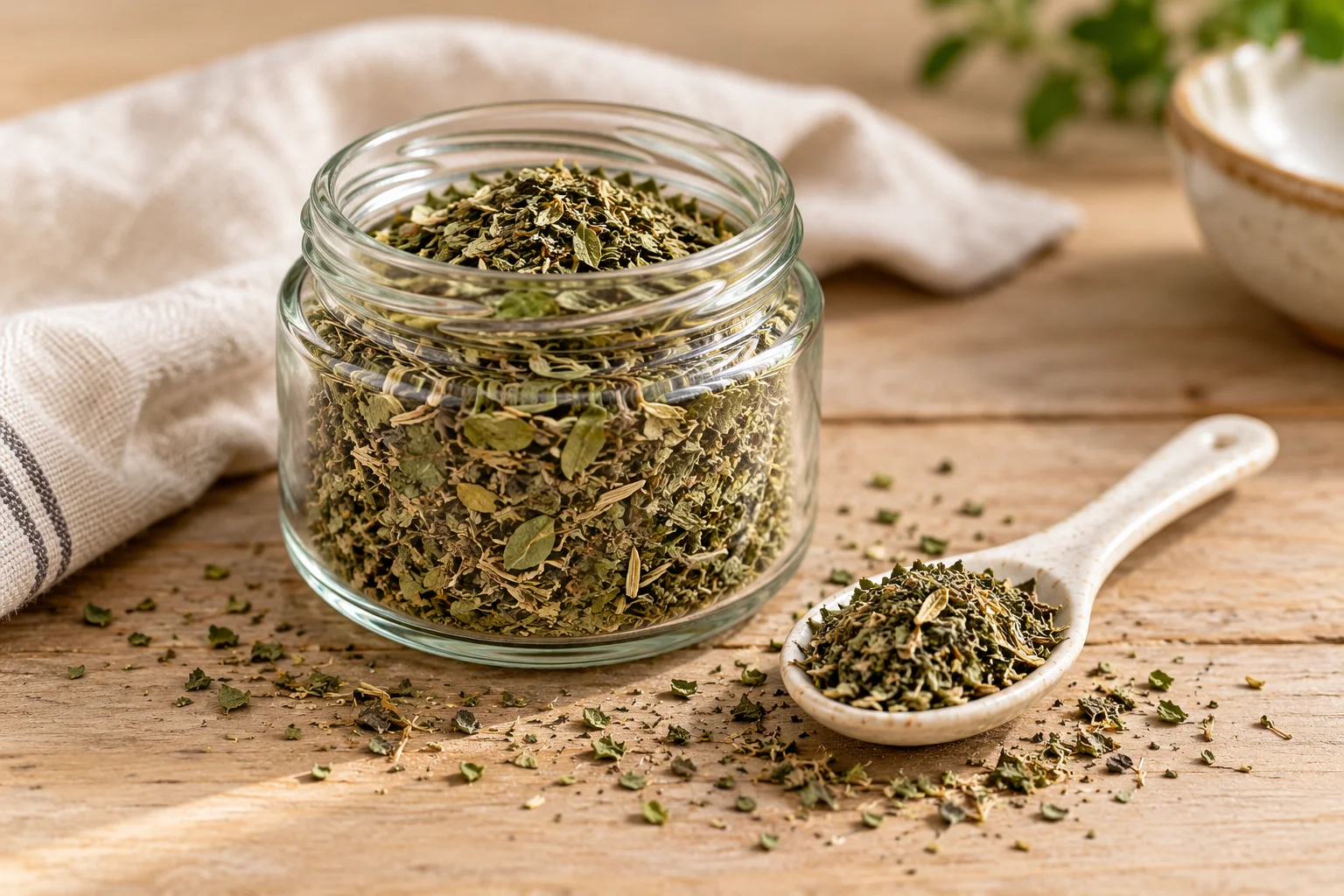 AI-generated illustration of an Italian herb blend in a small glass jar, mixed green crumbled dried leaves; not a photograph of a kitchen-tested dish.