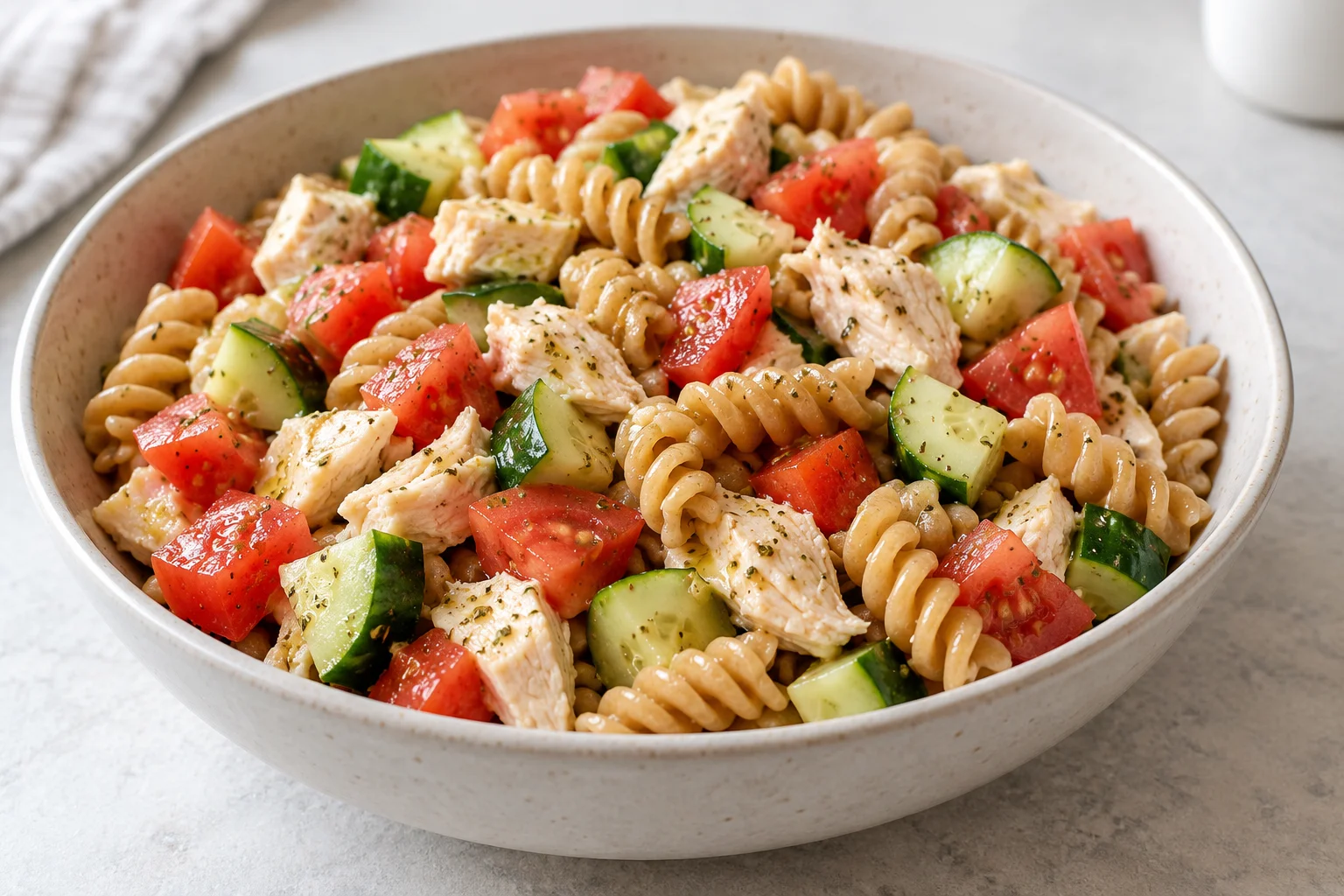 AI-generated illustration of lemon chicken & crunchy vegetable pasta salad; not a photograph of a kitchen-tested dish