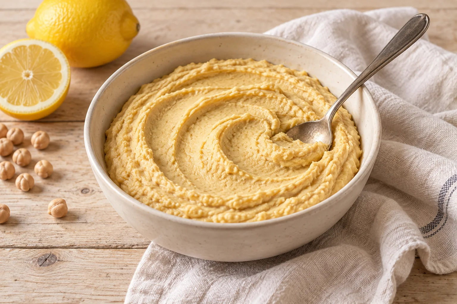 AI-generated illustration of lemon chickpea spread in a shallow bowl, smooth and pale beige with a swirl on top; not a photograph of a kitchen-tested dish.