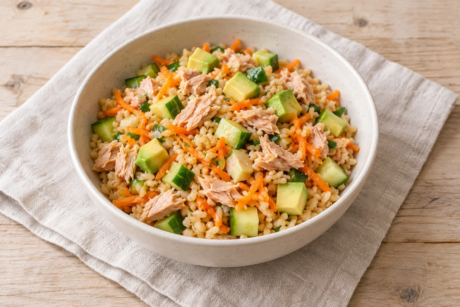 AI-generated illustration of lemon-ginger tuna & brown-rice salad; not a photograph of a kitchen-tested dish.