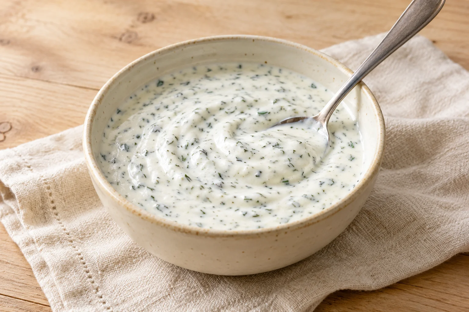 AI-generated illustration of lemon-herb yogurt dressing in a small bowl, thick and white with green herb and pale lemon flecks; not a photograph of a kitchen-tested dish.