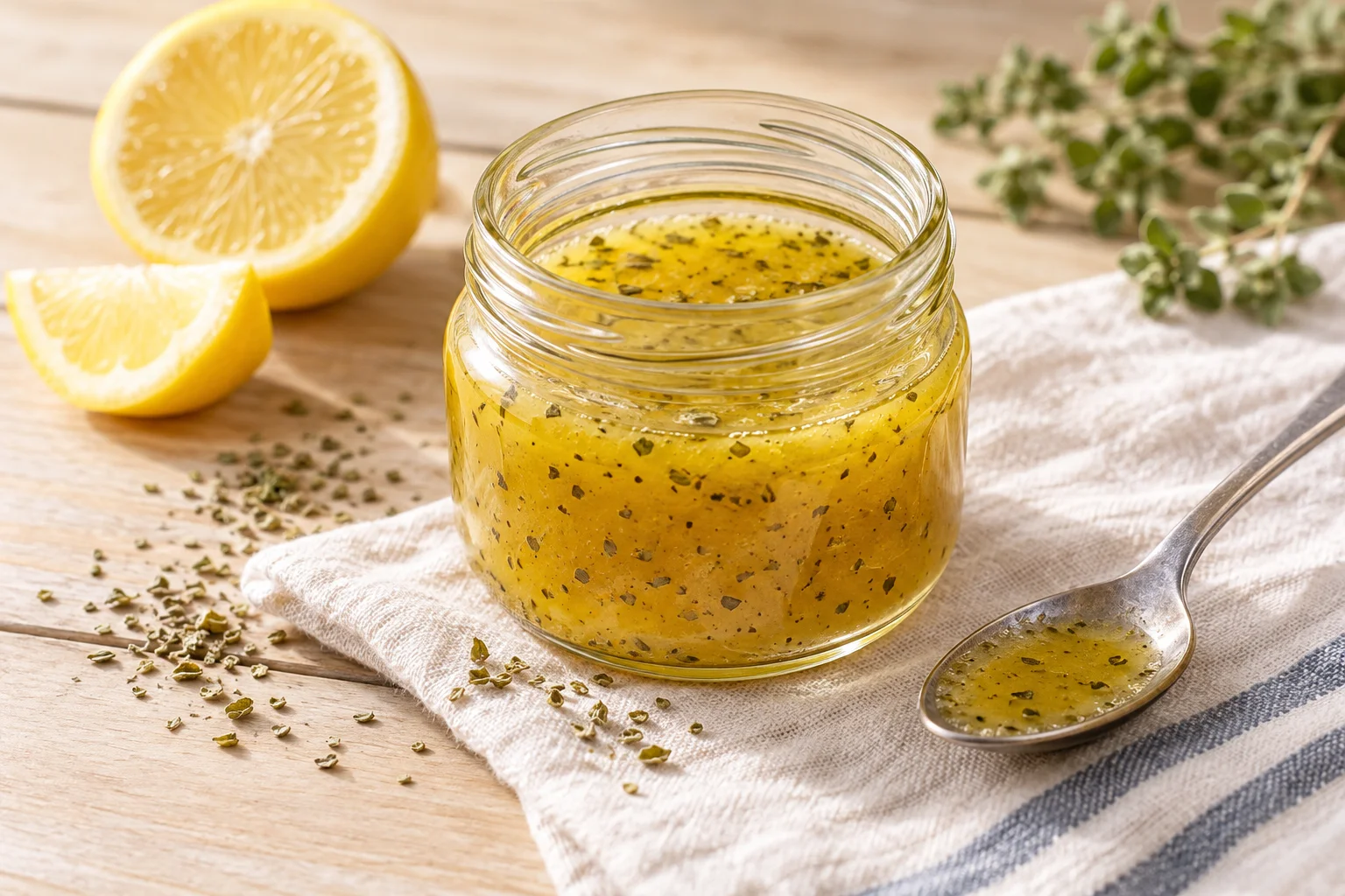 AI-generated illustration of lemon-oregano vinaigrette in a small glass jar, cloudy pale yellow with fine herb flecks; not a photograph of a kitchen-tested dish.