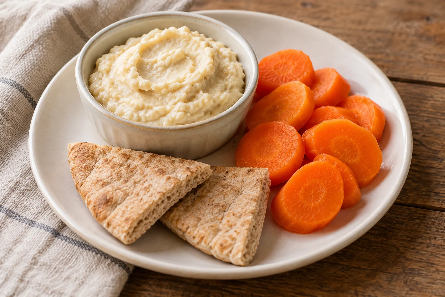 AI-generated illustration: Lemon white-bean dip with carrots & pita; not a photograph of a kitchen-tested dish