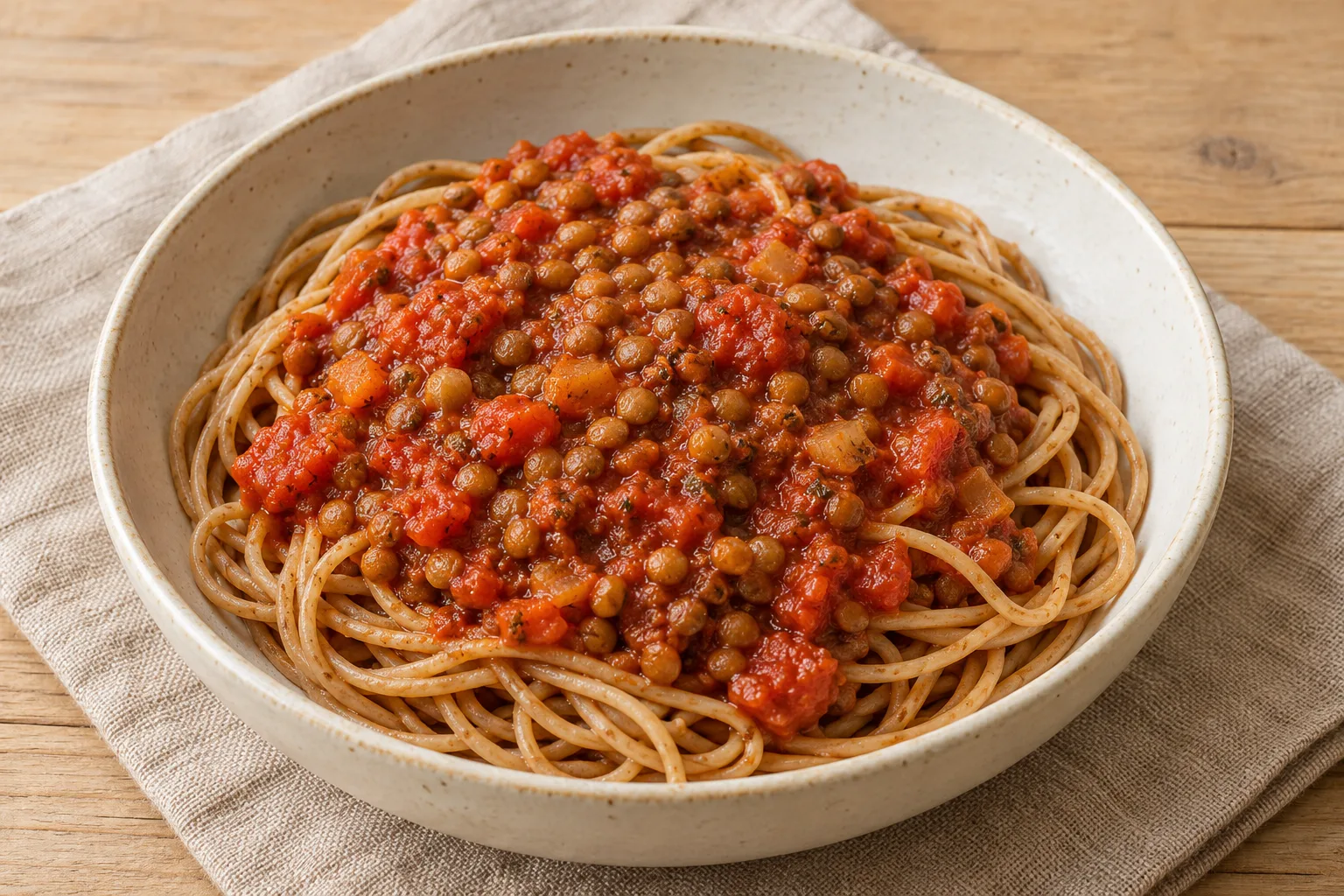 AI-generated illustration: lentil tomato sauce & whole-wheat spaghetti