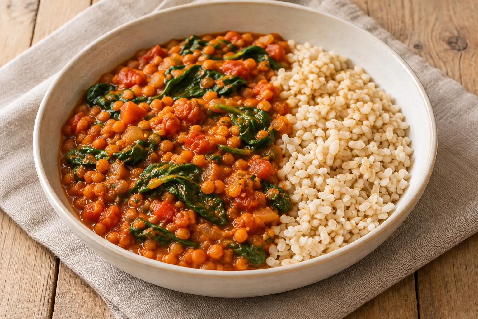 AI-generated illustration: lentil tomato spinach stew alongside brown rice
