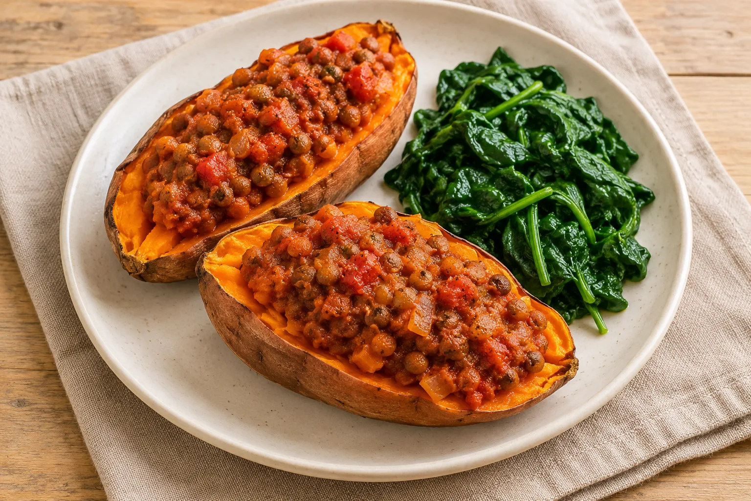 AI-generated illustration: lentil-stuffed sweet potatoes with spinach