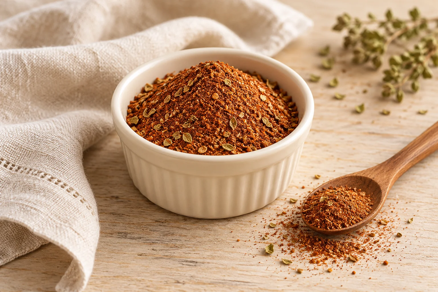 AI-generated illustration: Russet ground seasoning in a white ceramic ramekin with a wooden spoon beside it. AI-generated illustration; not a photograph of a kitchen-tested recipe.