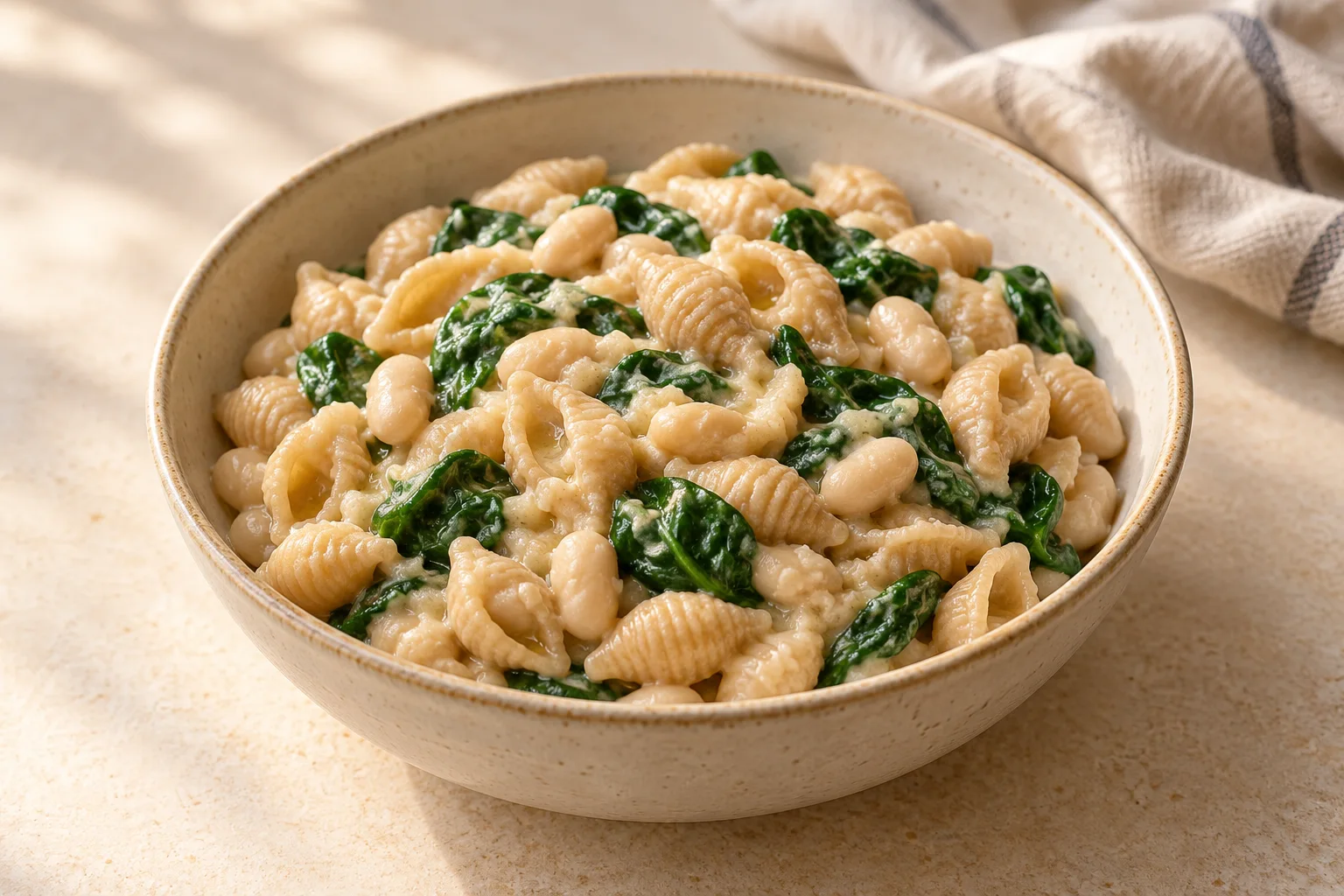 AI-generated illustration: Whole-wheat shell pasta with white beans and spinach; not a photograph of a kitchen-tested dish