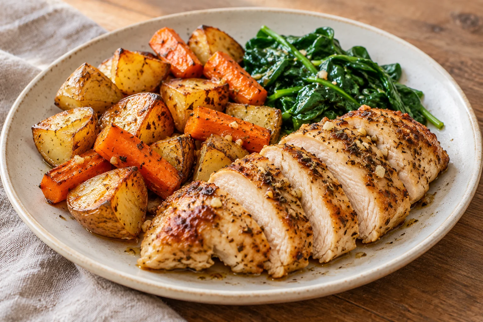 AI-generated realistic illustration of oregano chicken, potatoes & carrots; not a photograph of a kitchen-tested dish.