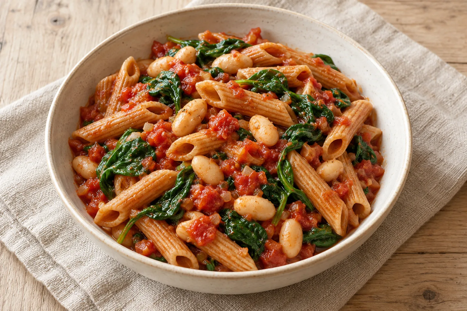 AI-generated illustration: tomato, white bean & spinach pasta