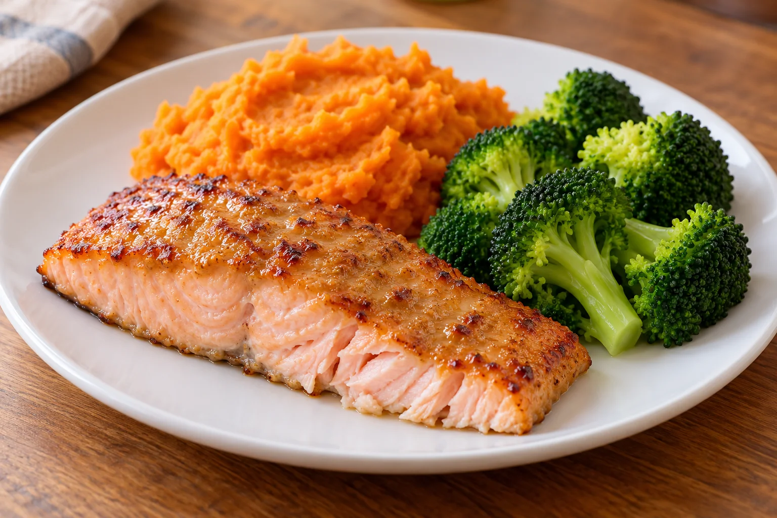 AI-generated illustration of peanut-ginger salmon with sweet-potato mash; not a photograph of a kitchen-tested dish.
