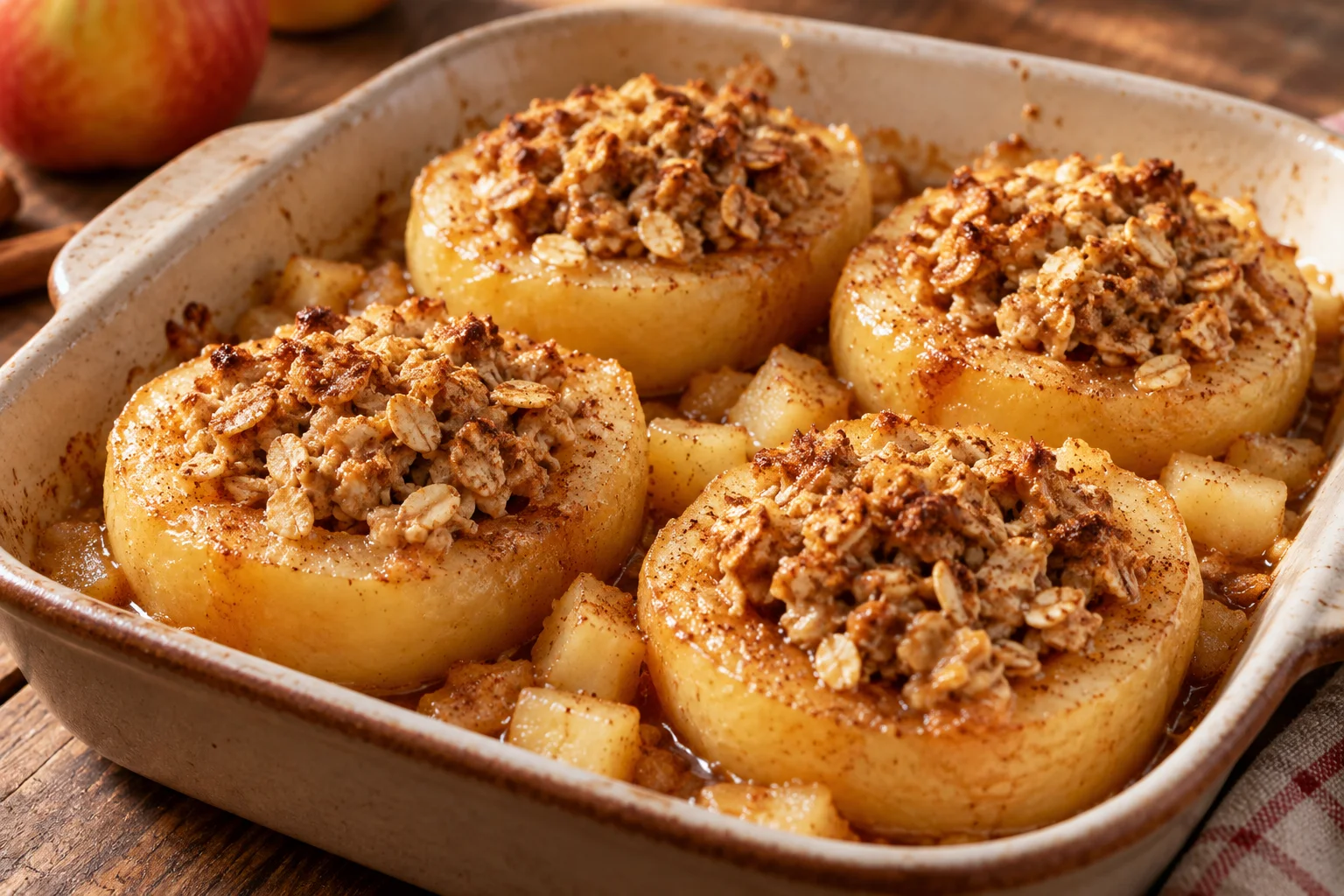 AI-generated illustration of cinnamon baked apples with peanut-oat crumble; not a photograph of a kitchen-tested dish.