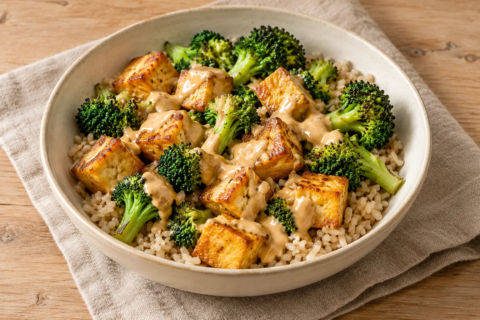 AI-generated illustration: peanut tofu, broccoli & brown rice
