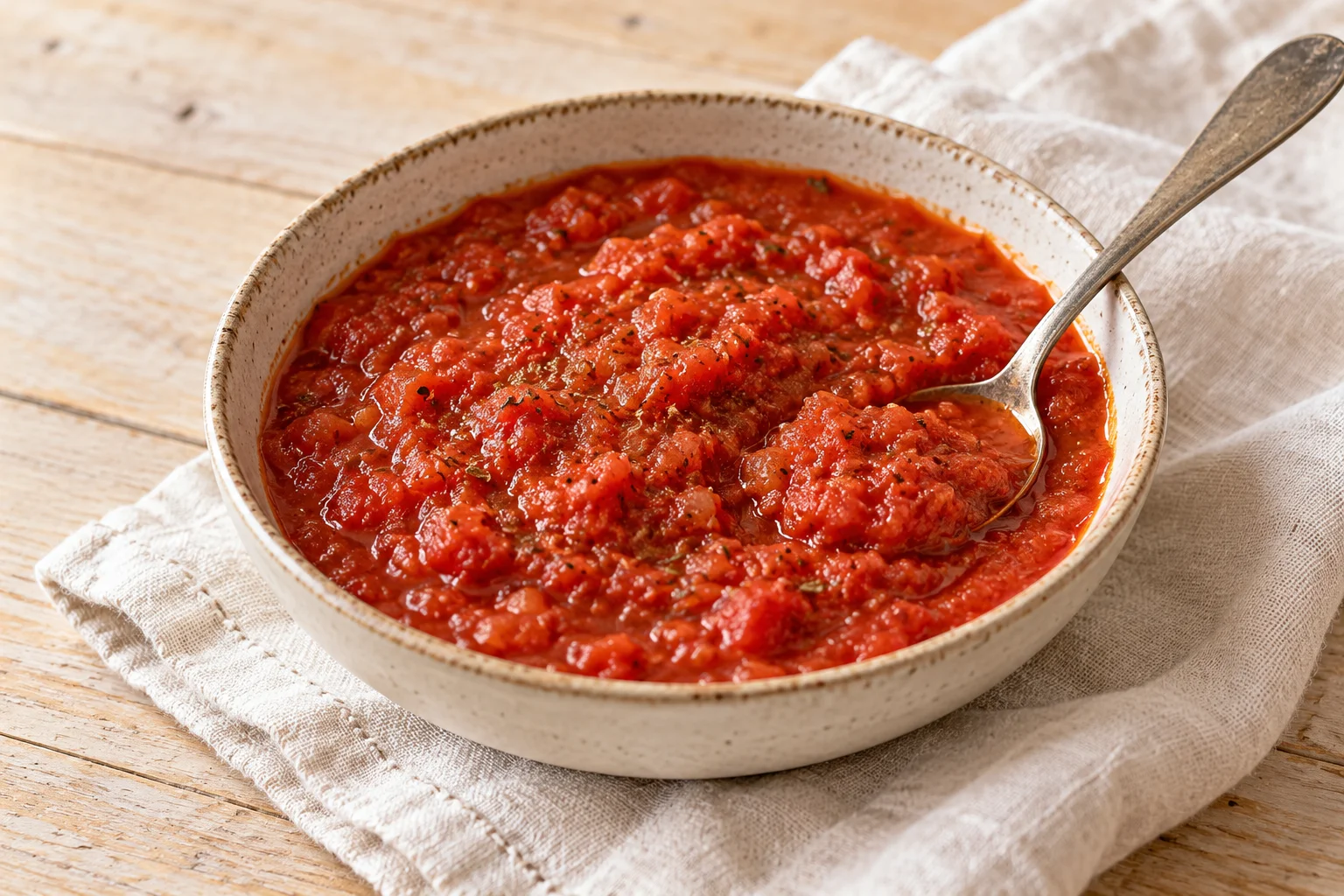 AI-generated illustration: Chunky red tomato sauce in a cream ceramic bowl with a spoon. AI-generated illustration; not a photograph of a kitchen-tested recipe.