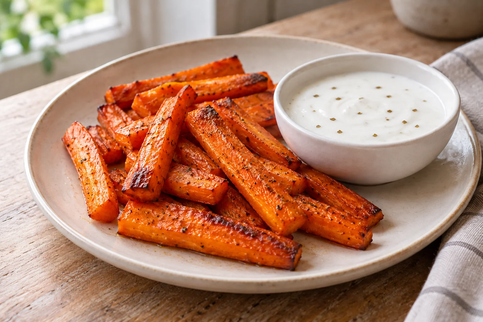 AI-generated illustration of roasted carrot batons with lemon-oregano yogurt dip; not a photograph of a kitchen-tested dish.