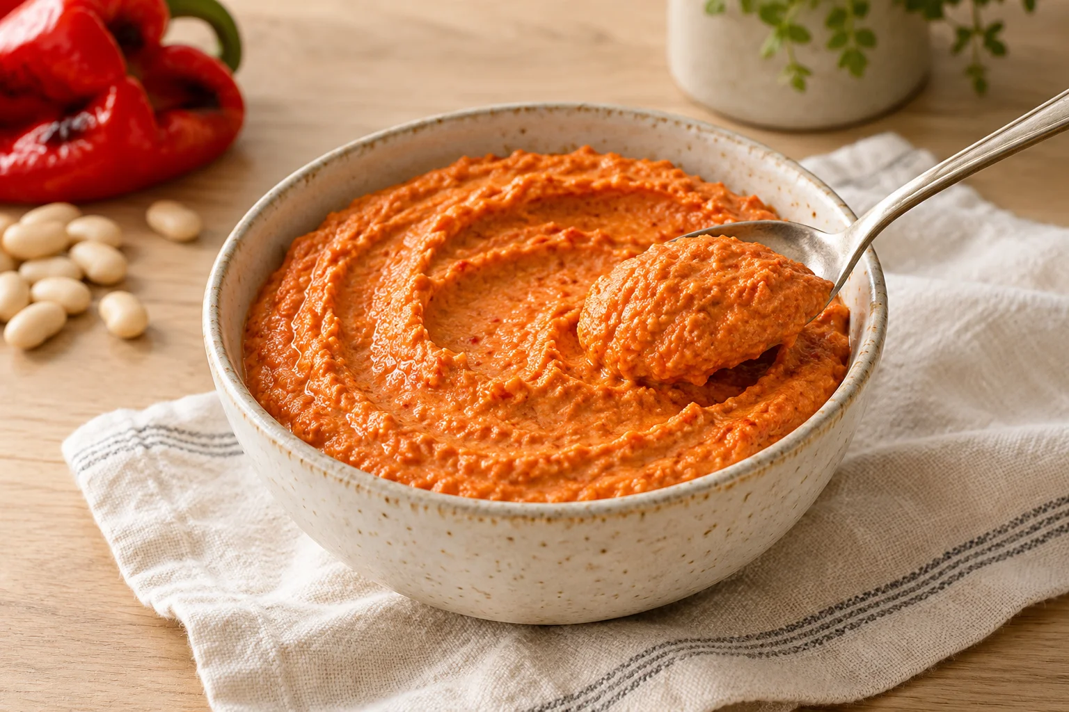 AI-generated illustration of roasted red pepper bean dip in a bowl, smooth and orange-red with tiny darker flecks of roasted skin; not a photograph of a kitchen-tested dish.