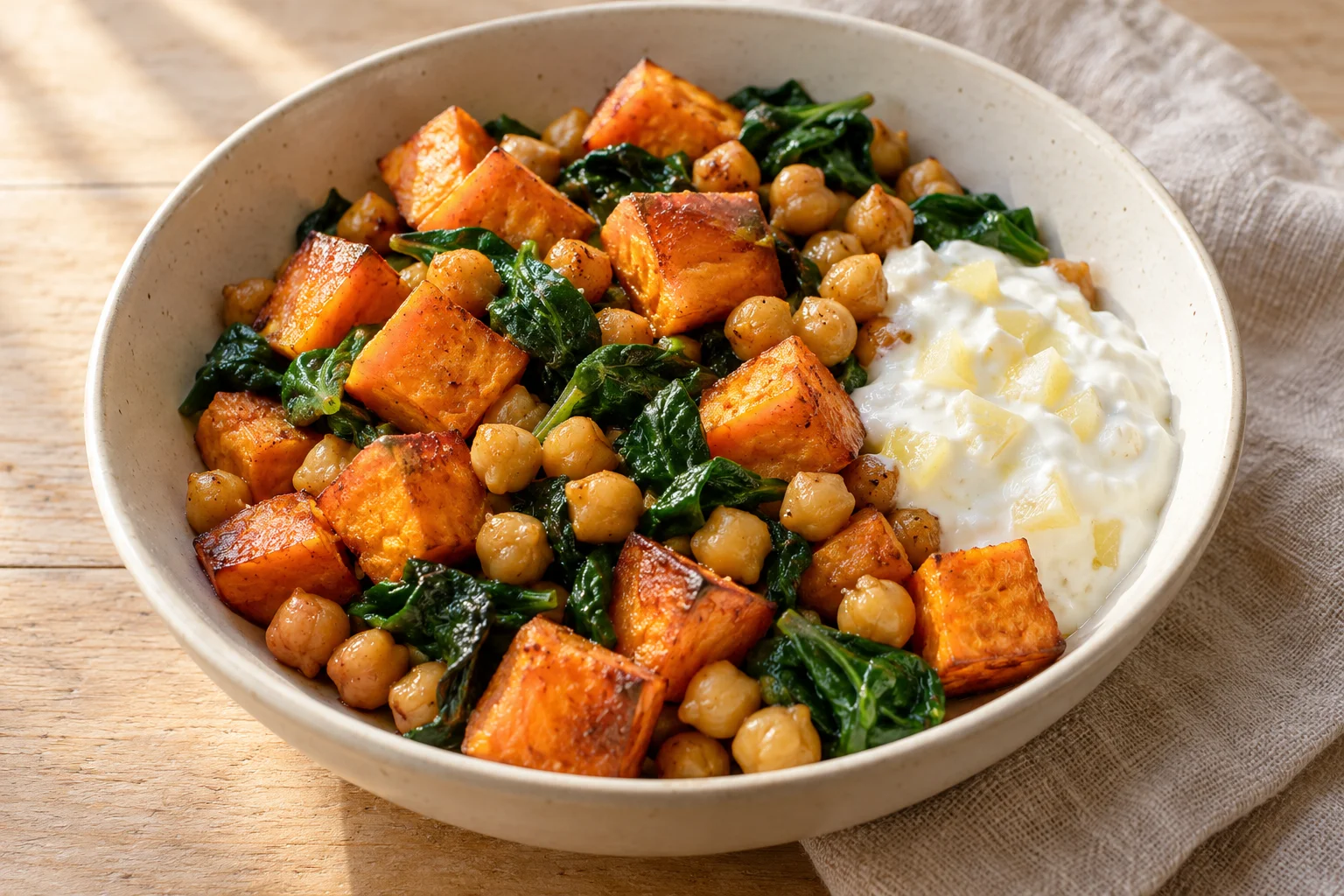 AI-generated illustration of roasted sweet potato cubes, chickpeas, wilted spinach and lemon yogurt in a ceramic bowl; not a photograph of a kitchen-tested dish.