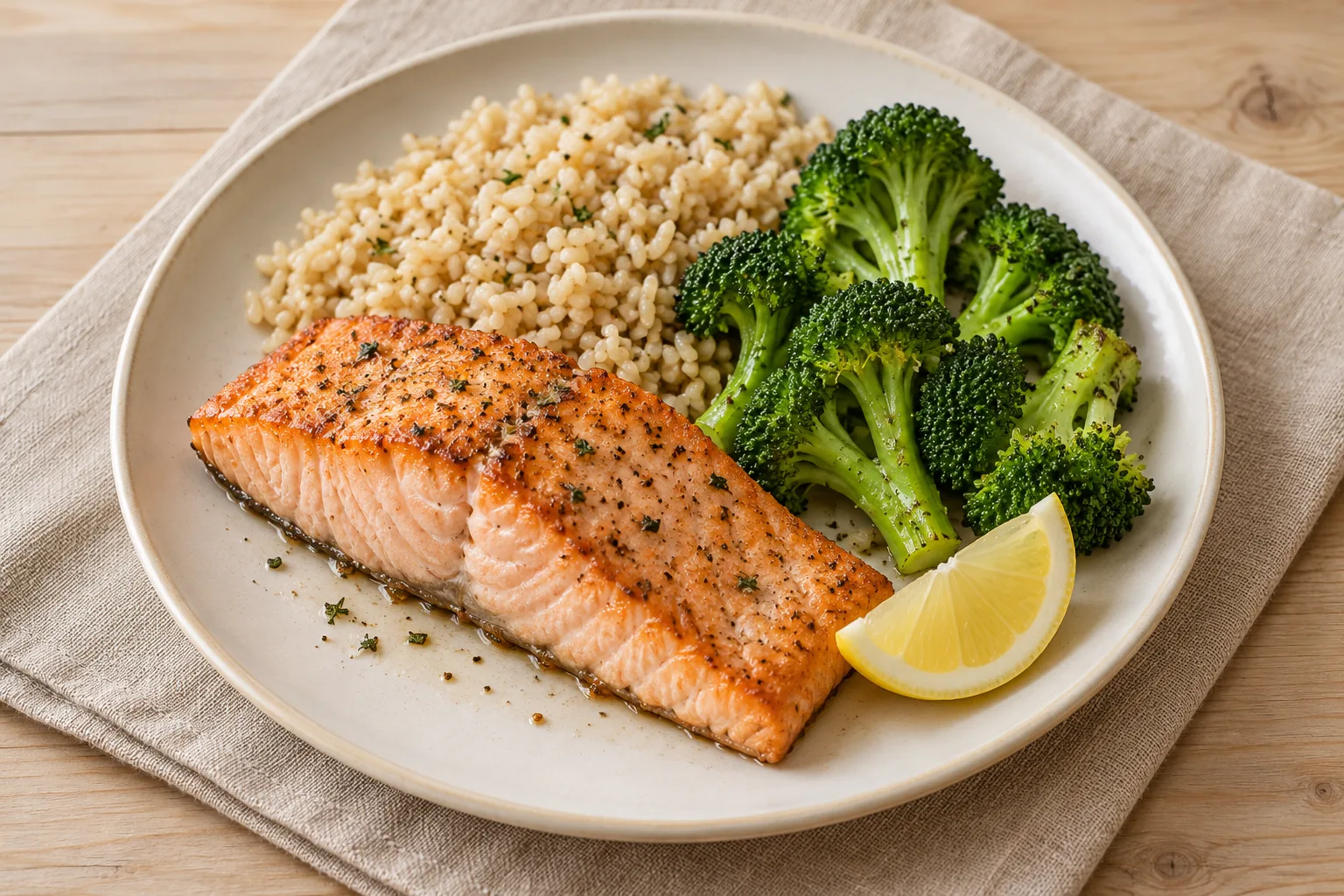 AI-generated illustration: baked salmon, brown rice & broccoli