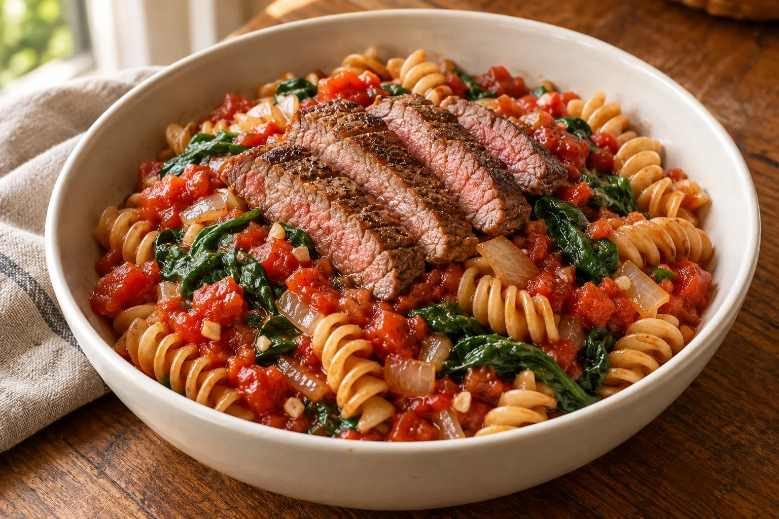 AI-generated illustration of sirloin, tomato & spinach pasta; not a photograph of a kitchen-tested dish.