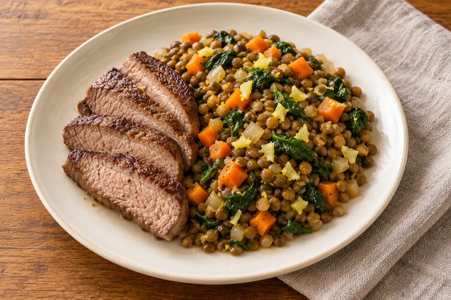 AI-generated illustration: Seared sirloin with warm lentils & carrots; not a photograph of a kitchen-tested dish