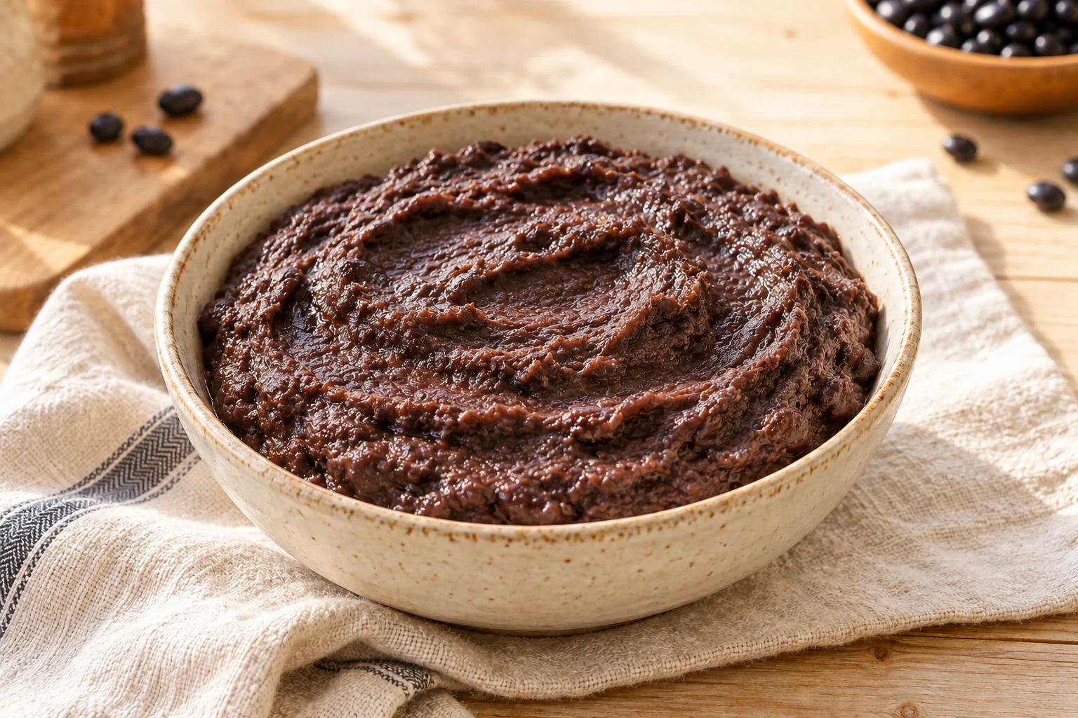 AI-generated illustration: Thick, mostly smooth mashed black beans in a cream ceramic bowl. AI-generated illustration; not a photograph of a kitchen-tested recipe.