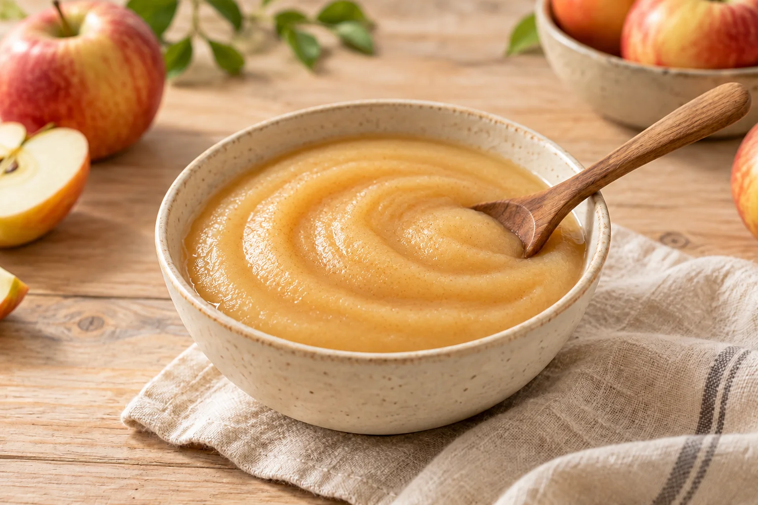 AI-generated illustration: Smooth pale golden applesauce in a cream ceramic bowl with a wooden spoon. AI-generated illustration; not a photograph of a kitchen-tested recipe.
