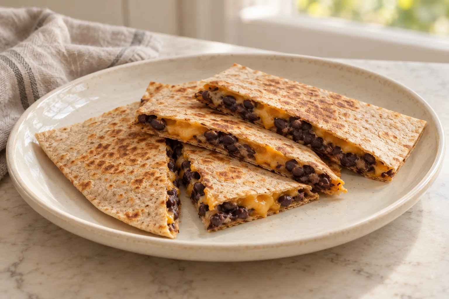 AI-generated illustration: Whole-wheat quesadilla with black beans and cheddar; not a photograph of a kitchen-tested dish