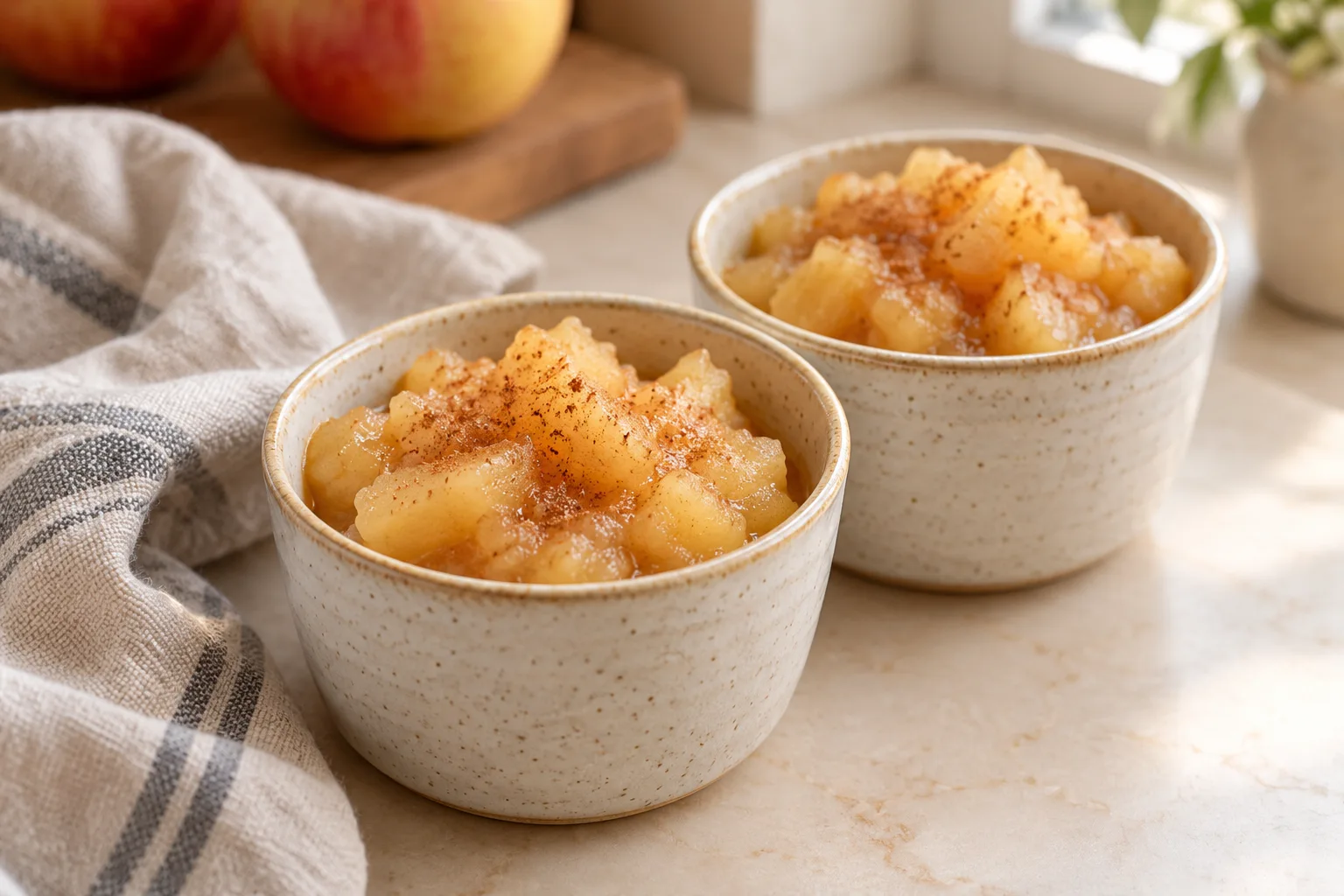 AI-generated illustration: Soft cooked apple pieces with cinnamon in ceramic cups; not a photograph of a kitchen-tested dish