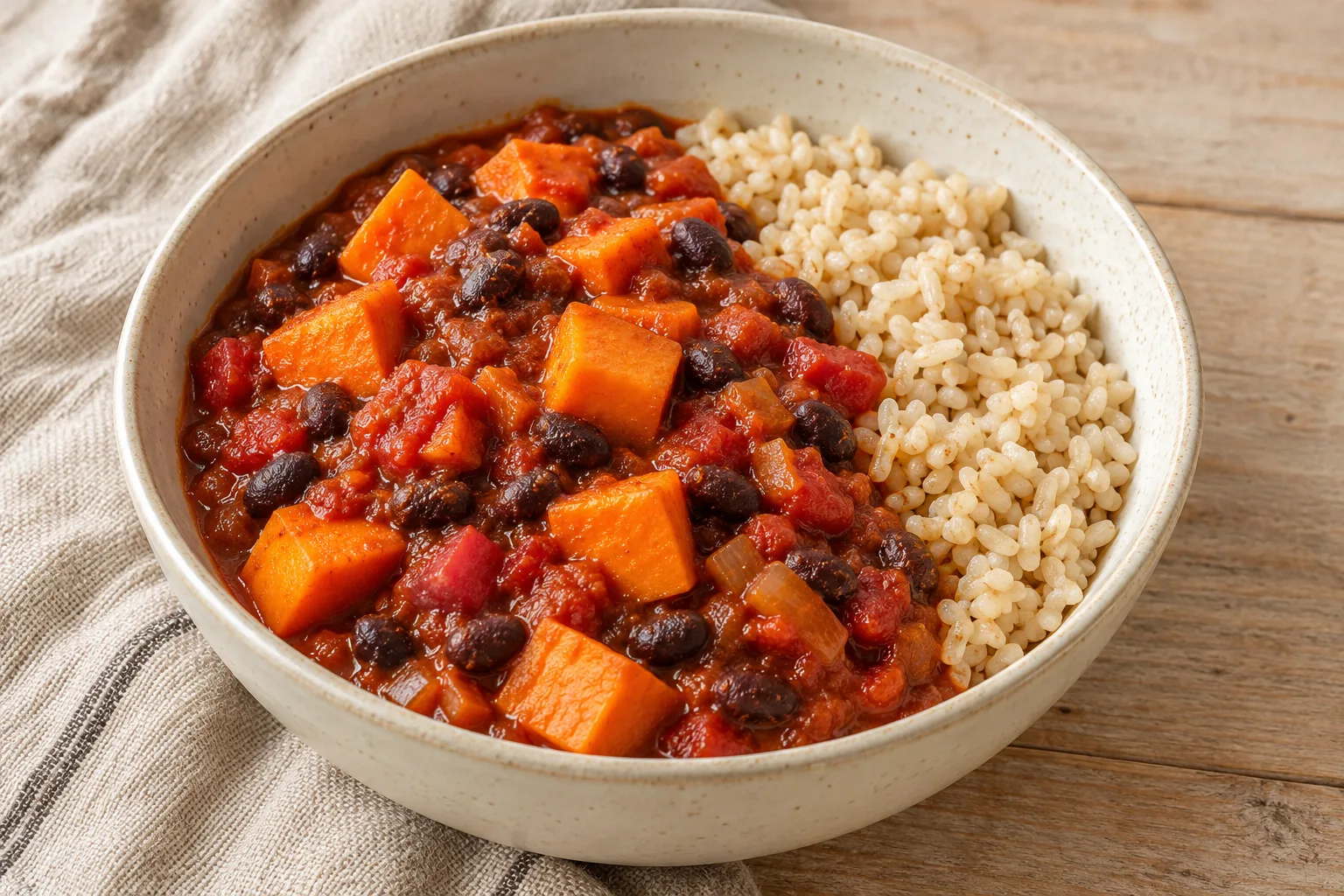 AI-generated illustration: sweet potato & black bean chili with rice
